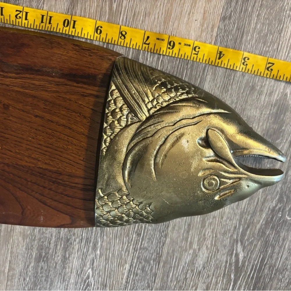 XL Wooden Salmom Fish-Shaped serving platter Cutting Board with Brass Accents